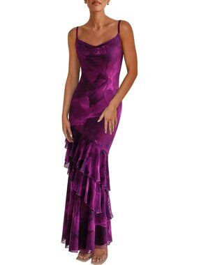 Women's Purple Maxi Dresses Summer Tiered Floral Beach Sundress Spaghetti Strap